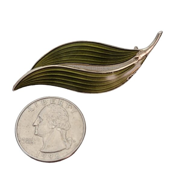 Aksel Holmsen Norway Sterling 925S Green Enamel Leaf Duo Pin, Signed L47 - Picture 7 of 9